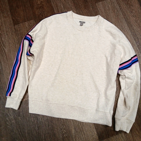 Aerie Women Cream Sweater with Striped Sleeves - Picture 1 of 4